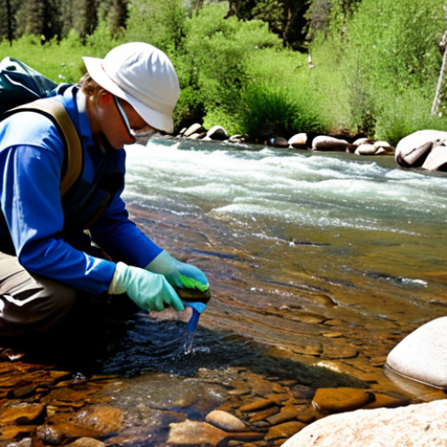 Home 4 **
A scientist wearing protective gear (gloves, eyewear, waders) collecting a water sample from a flowing river. Use a Van Dorn sampler, ensuring proper technique (sampling against the current). Show the surrounding environment (vegetation, rocks) with an emphasis on a clear, sunny day. The focus should be on responsible environmental stewardship and accurate sampling technique.
**