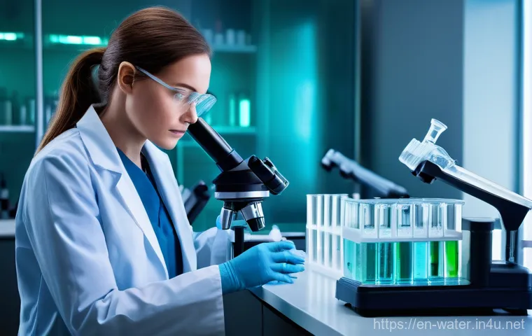 수질환경 관리와 배출수 규제 - **Prompt:** A highly detailed, realistic image of a modern environmental science laboratory. A focus...