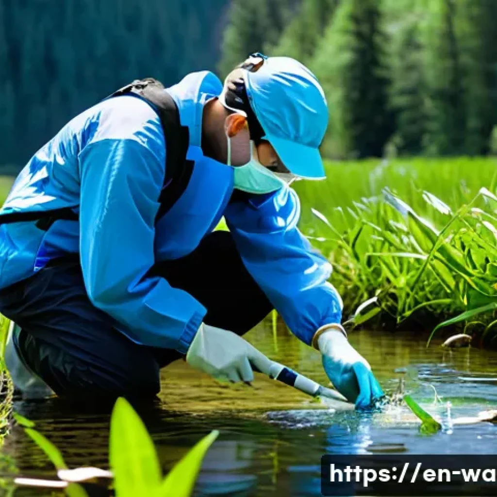 수질환경 분야 전문 서적 추천 - A detailed scientific field scene showing an environmental scientist in protective gear collecting w...