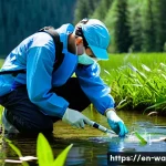 수질환경 분야 전문 서적 추천 - A detailed scientific field scene showing an environmental scientist in protective gear collecting w...