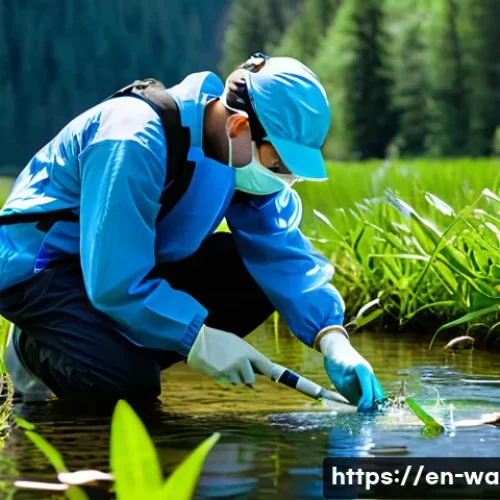 수질환경 분야 전문 서적 추천 - A detailed scientific field scene showing an environmental scientist in protective gear collecting w...