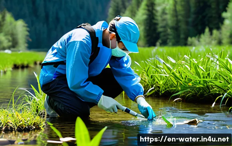 수질환경 분야 전문 서적 추천 - A detailed scientific field scene showing an environmental scientist in protective gear collecting w...