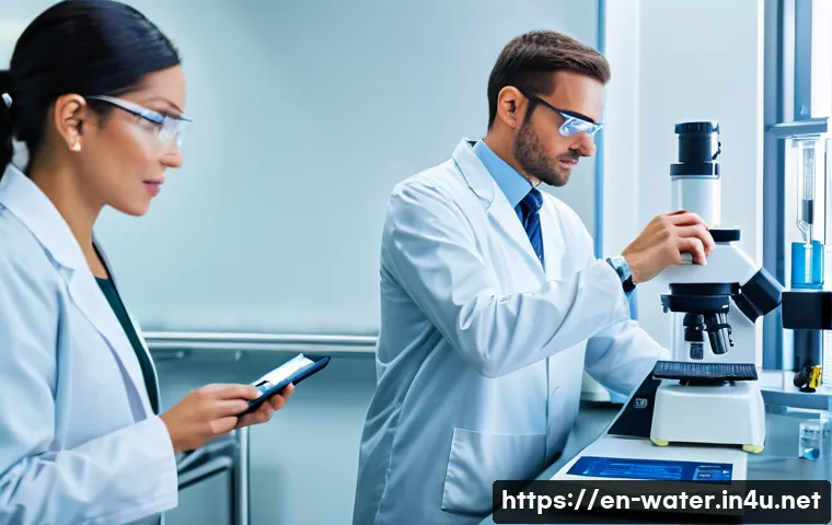 수질환경 분야 자격증 조합 추천 - A modern laboratory setting with a diverse group of professionals wearing lab coats and safety glass...