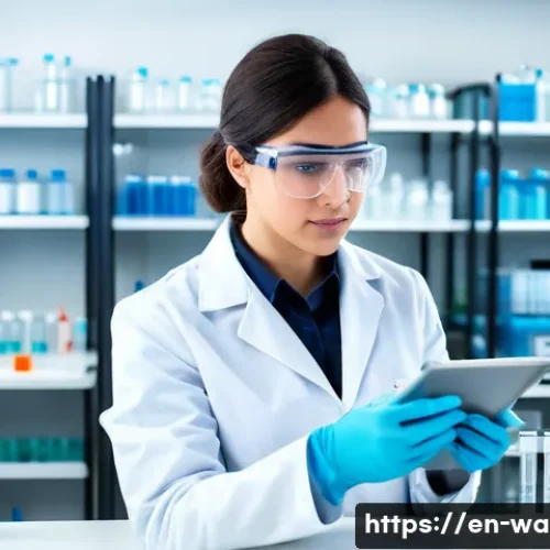 수질환경 전문가가 되는 법 - A detailed scene of a water quality scientist in a modern laboratory wearing protective gloves and s...