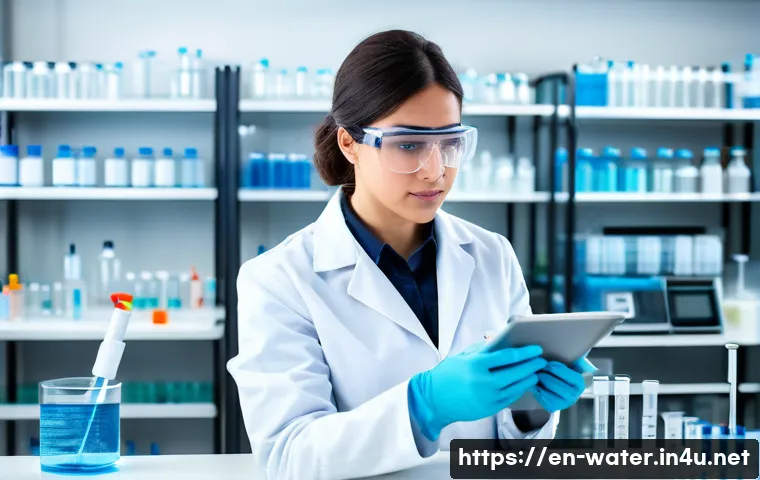 수질환경 전문가가 되는 법 - A detailed scene of a water quality scientist in a modern laboratory wearing protective gloves and s...