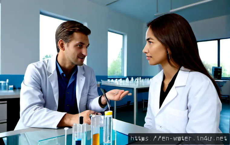 Home 17 수질환경 전문가들의 인터뷰 - Photorealistic editorial interview scene in a modern water quality laboratory, experienced environme...
