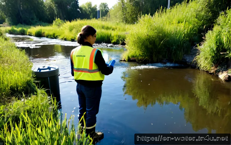 수질환경 관리 사례 연구 - Photorealistic municipal water quality monitoring case study scene, environmental scientist in safet...